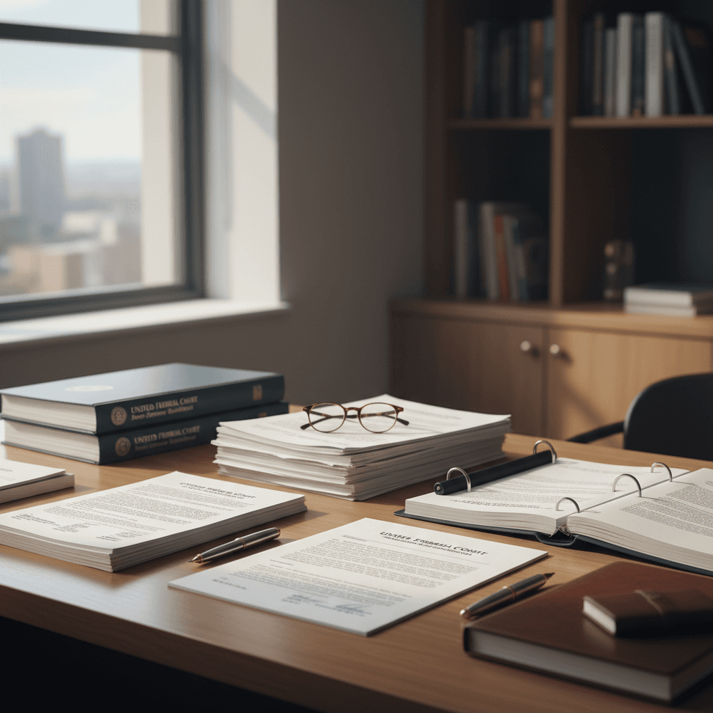 A serious investor reviewing federal court documents and property records at a clean wooden desk, natural window light,