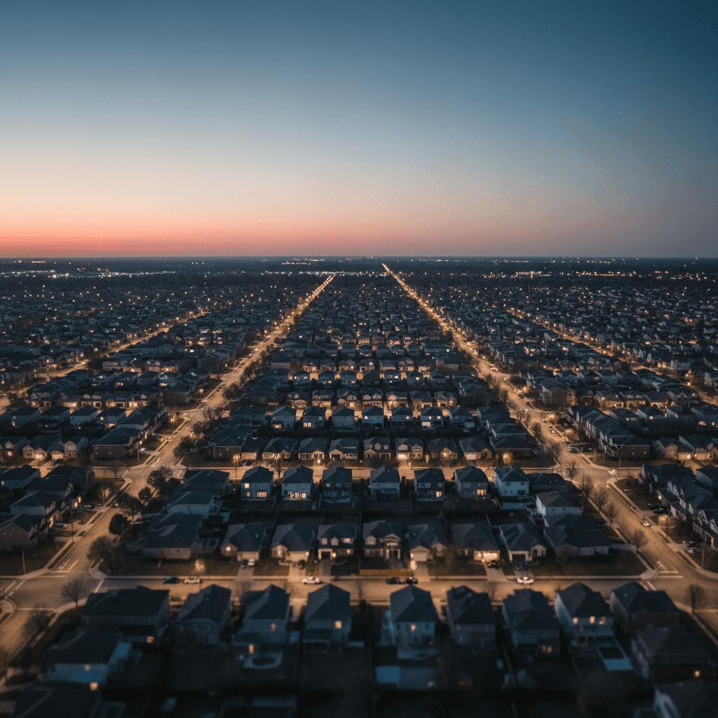 aerial view of an American suburban grid at dusk, streetlights beginning to turn on