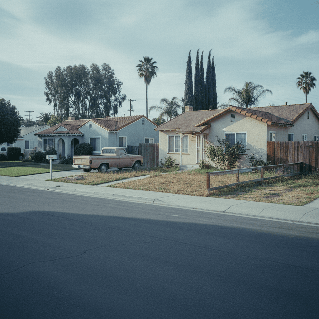 California: a quiet residential street of modest single-family houses, long shadows, one house with an unmaintained lawn