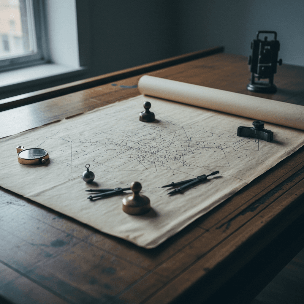 a surveyor plat map unrolled and weighted at the corners on a drafting table