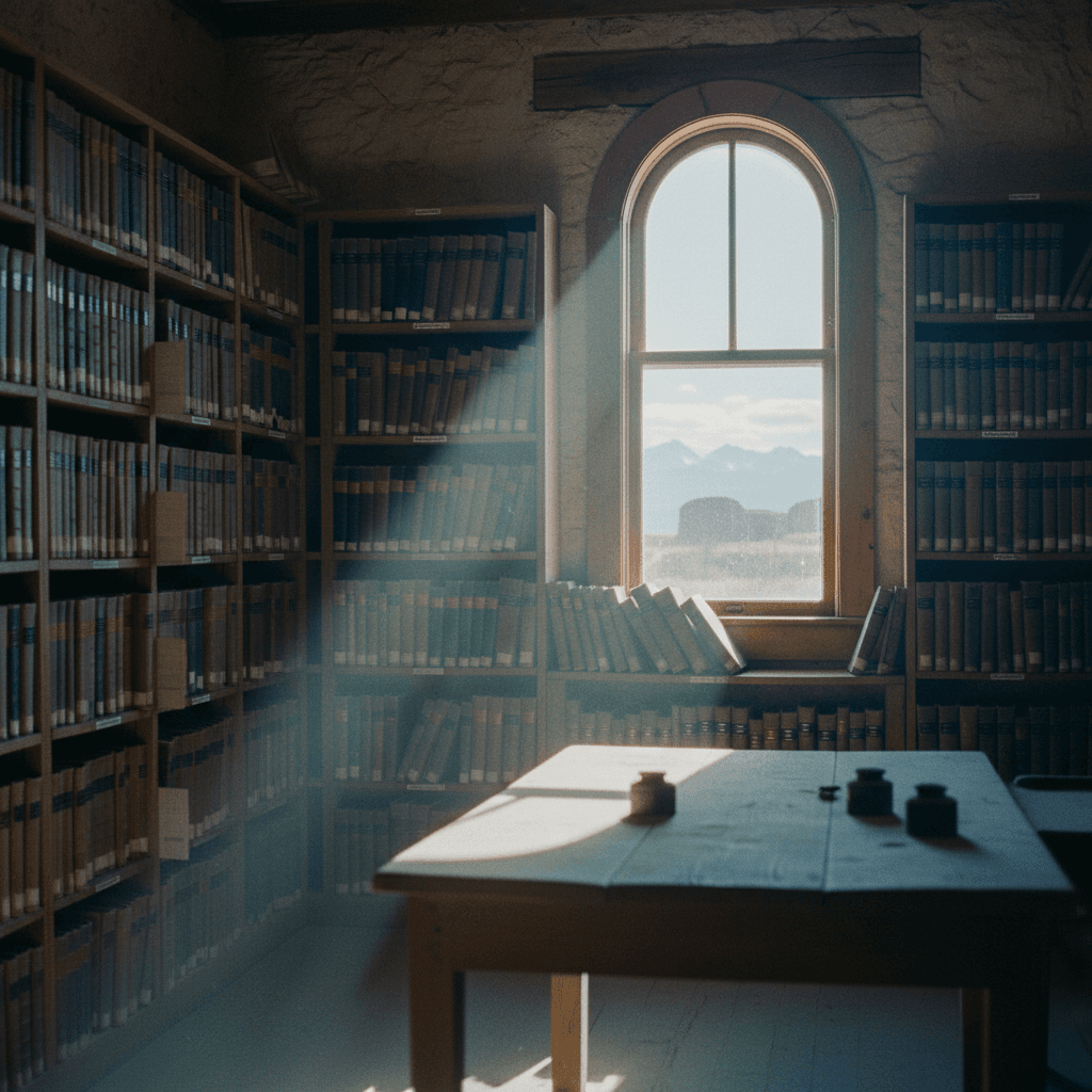 Colorado: a county records office interior, rows of oversized deed ledgers on wooden shelves, dust in a shaft of window light