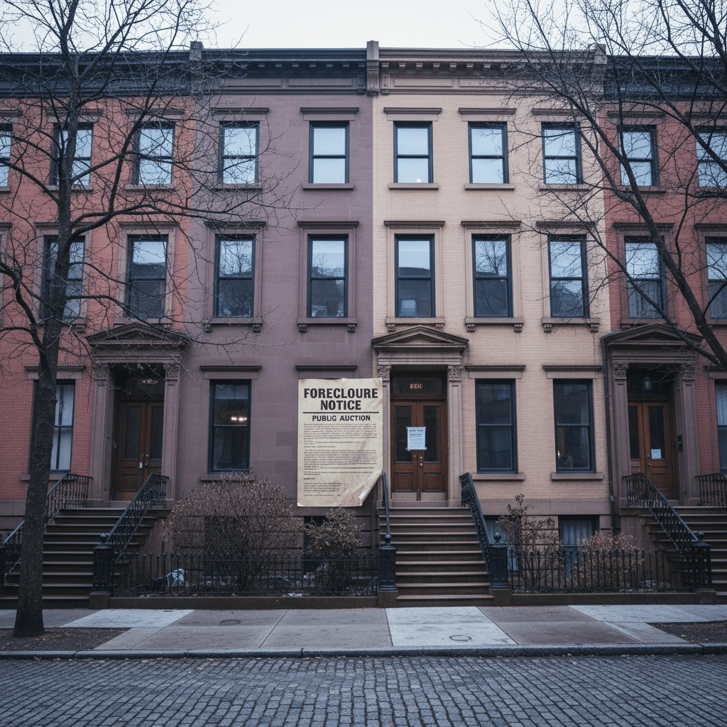 A stately rowhouse on a quiet urban street with a foreclosure notice posted on the front door, overcast daylight, photor