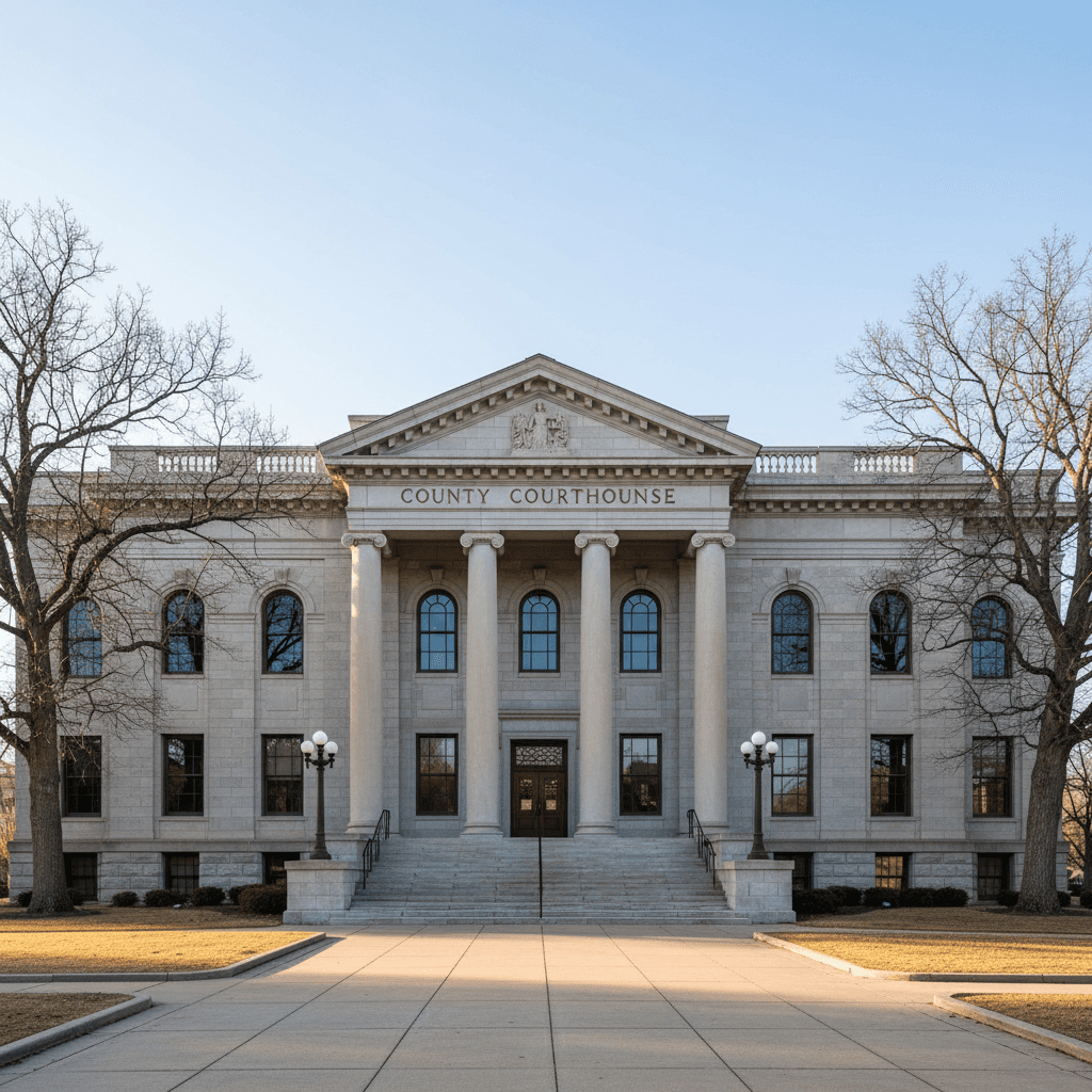 A county courthouse exterior on a clear morning, wide angle, neutral colors, no people, conveying the formality of publi