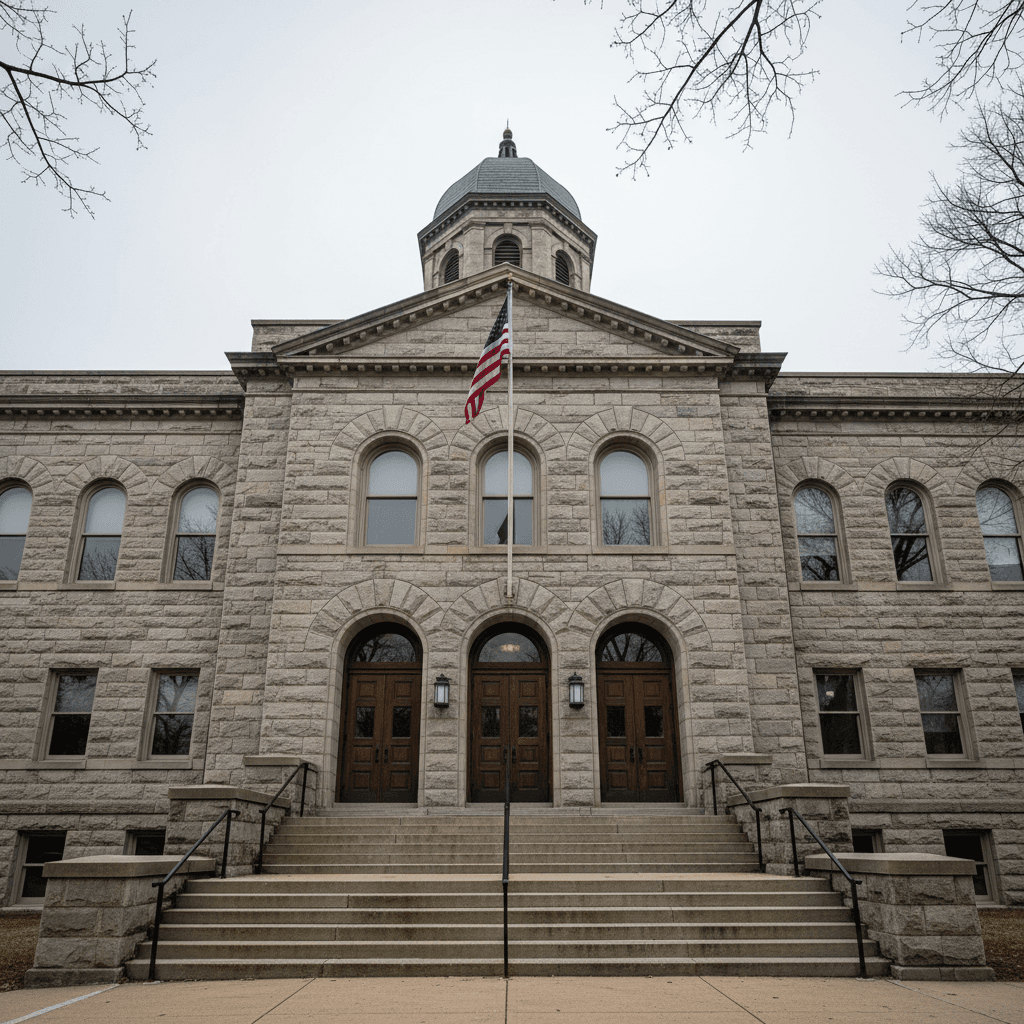 A wide-angle photograph of a county courthouse exterior on an overcast morning, stone steps leading to tall wooden doors