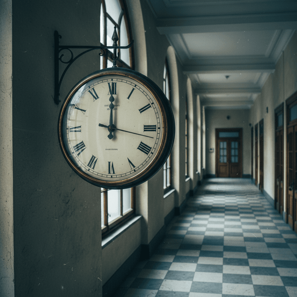 an old wall clock in an empty government corridor, tiled floor receding