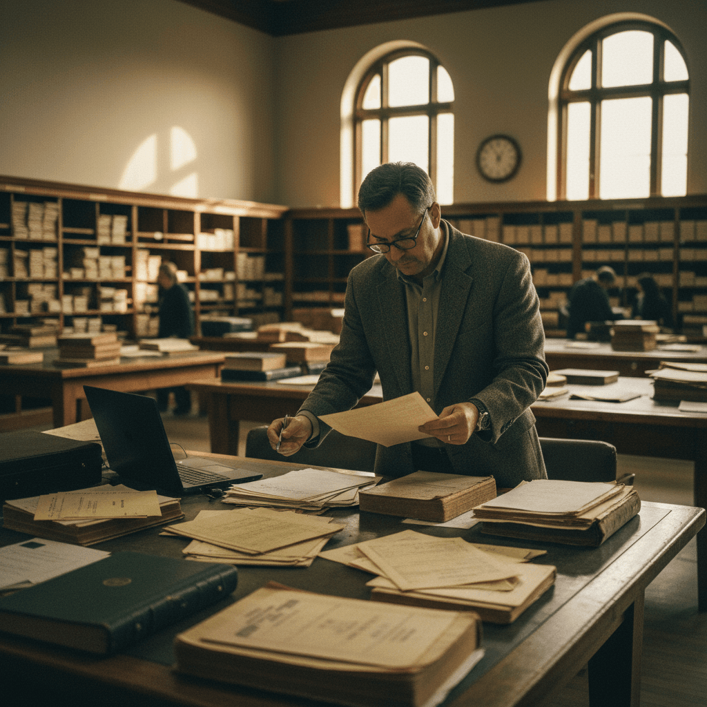 A focused real estate investor in a county courthouse records room, reviewing stacks of property deeds and lien document