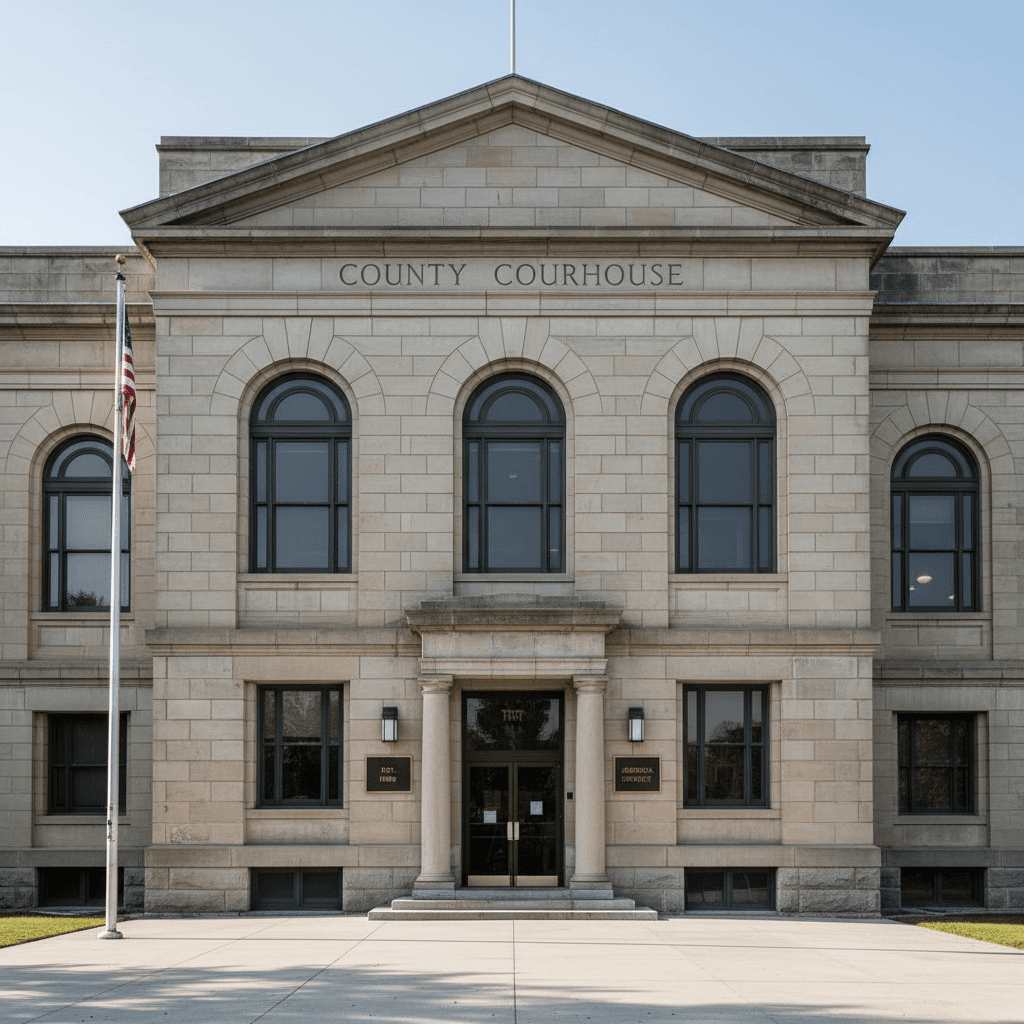 A county courthouse exterior on a clear morning, wide-angle architectural photography, muted stone facade with official