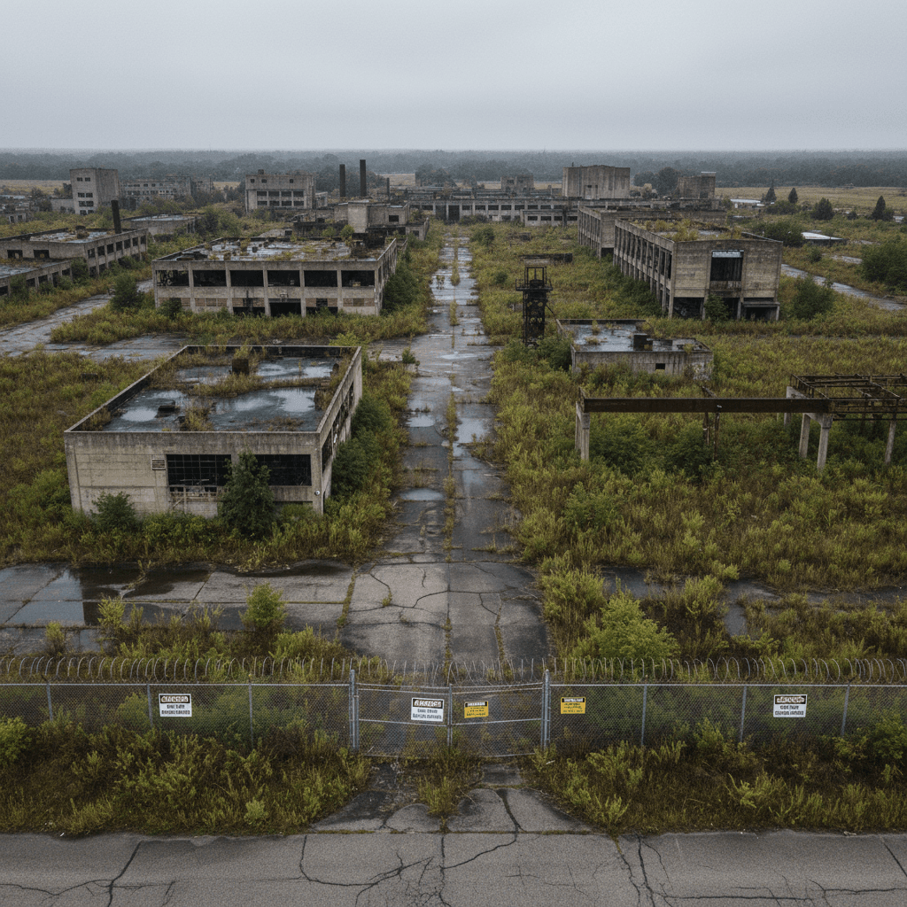 Aerial photograph of an abandoned industrial property overgrown with weeds, surrounded by chain-link fencing with posted
