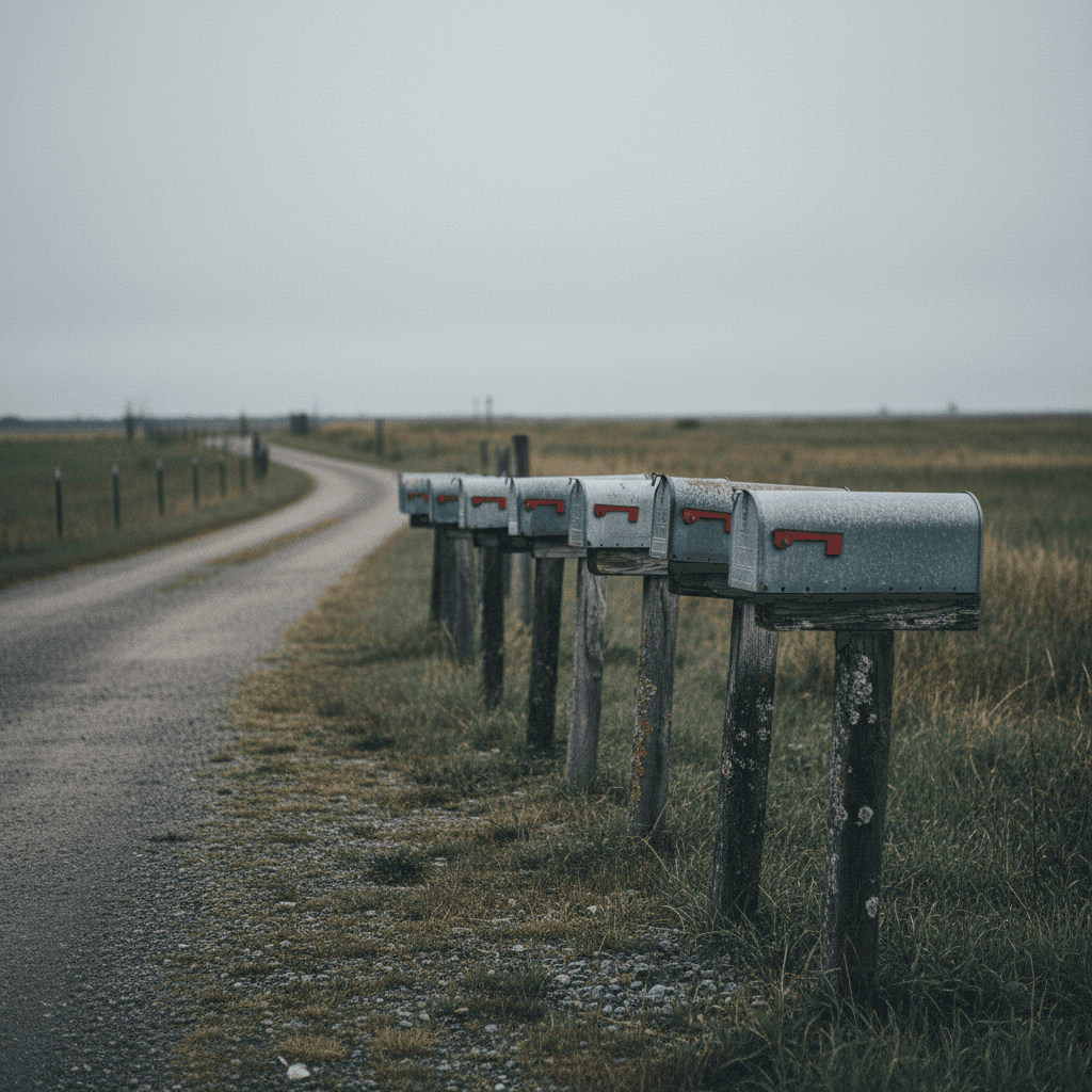 a mailbox row at the end of a rural county road, overcast sky