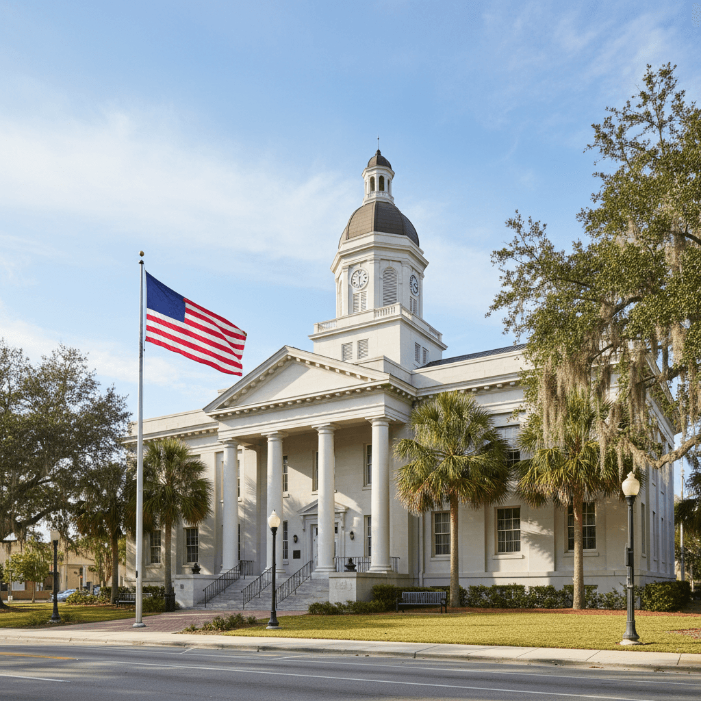 A county courthouse in a small Florida city on a bright morning, American flag visible, government building architecture