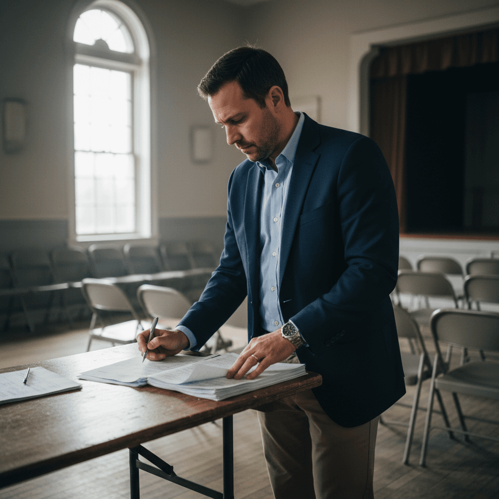 A serious male investor in business casual attire reviewing printed property documents at a table in a sparse county auc