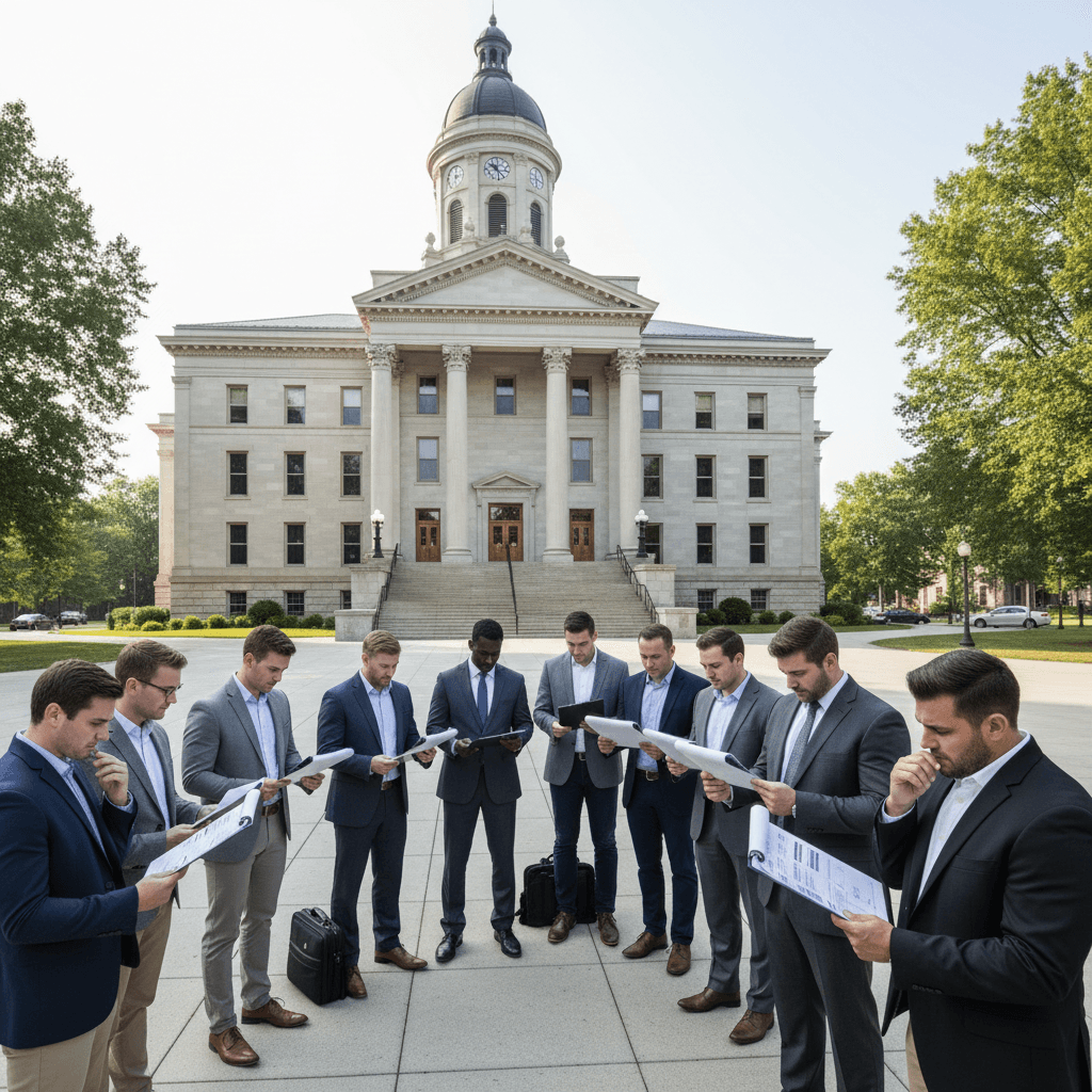 A wide-angle photograph of a county courthouse exterior on a clear morning, with a small crowd of serious-looking invest