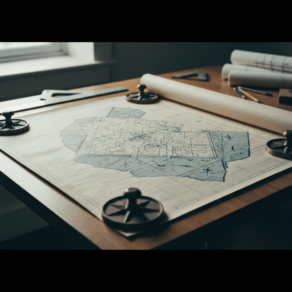 a surveyor plat map unrolled and weighted at the corners on a drafting table