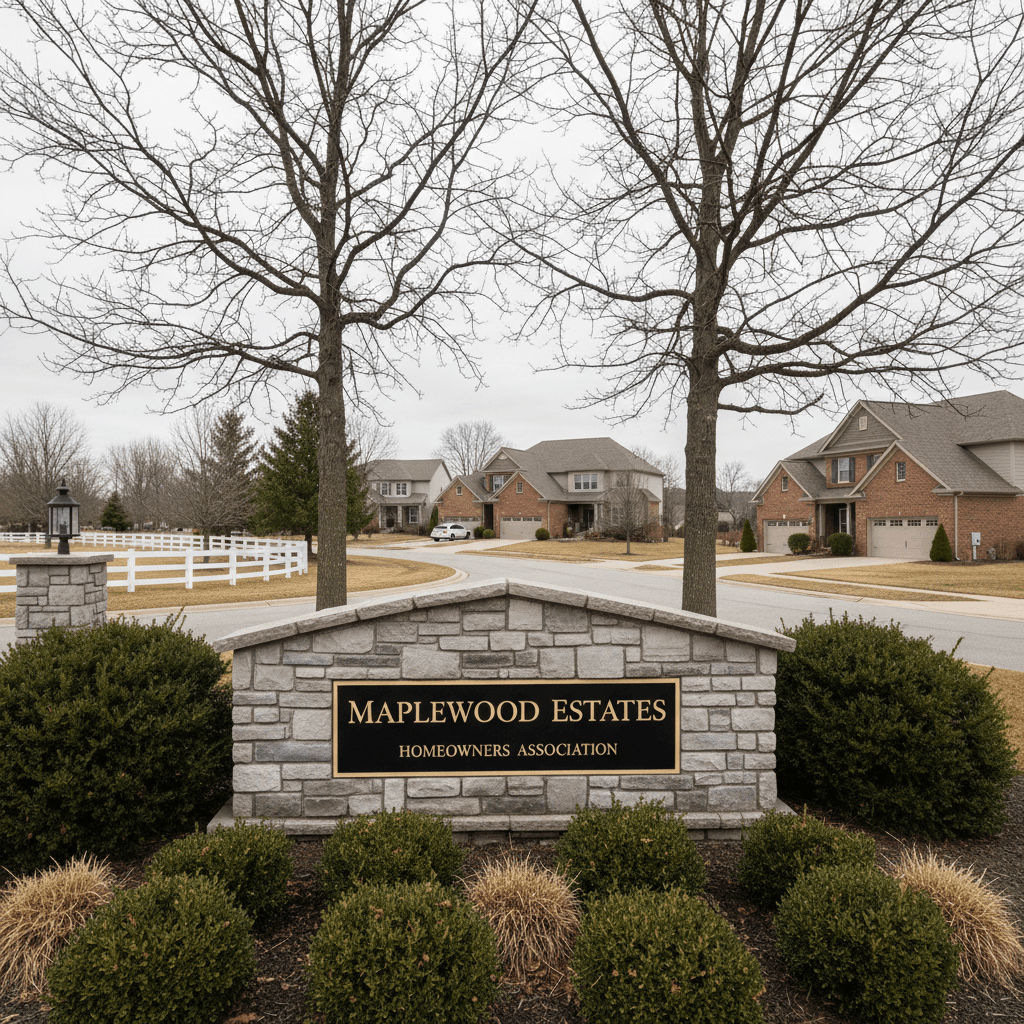 A sober wide-angle photograph of a suburban residential neighborhood entrance with a stone HOA monument sign in the fore
