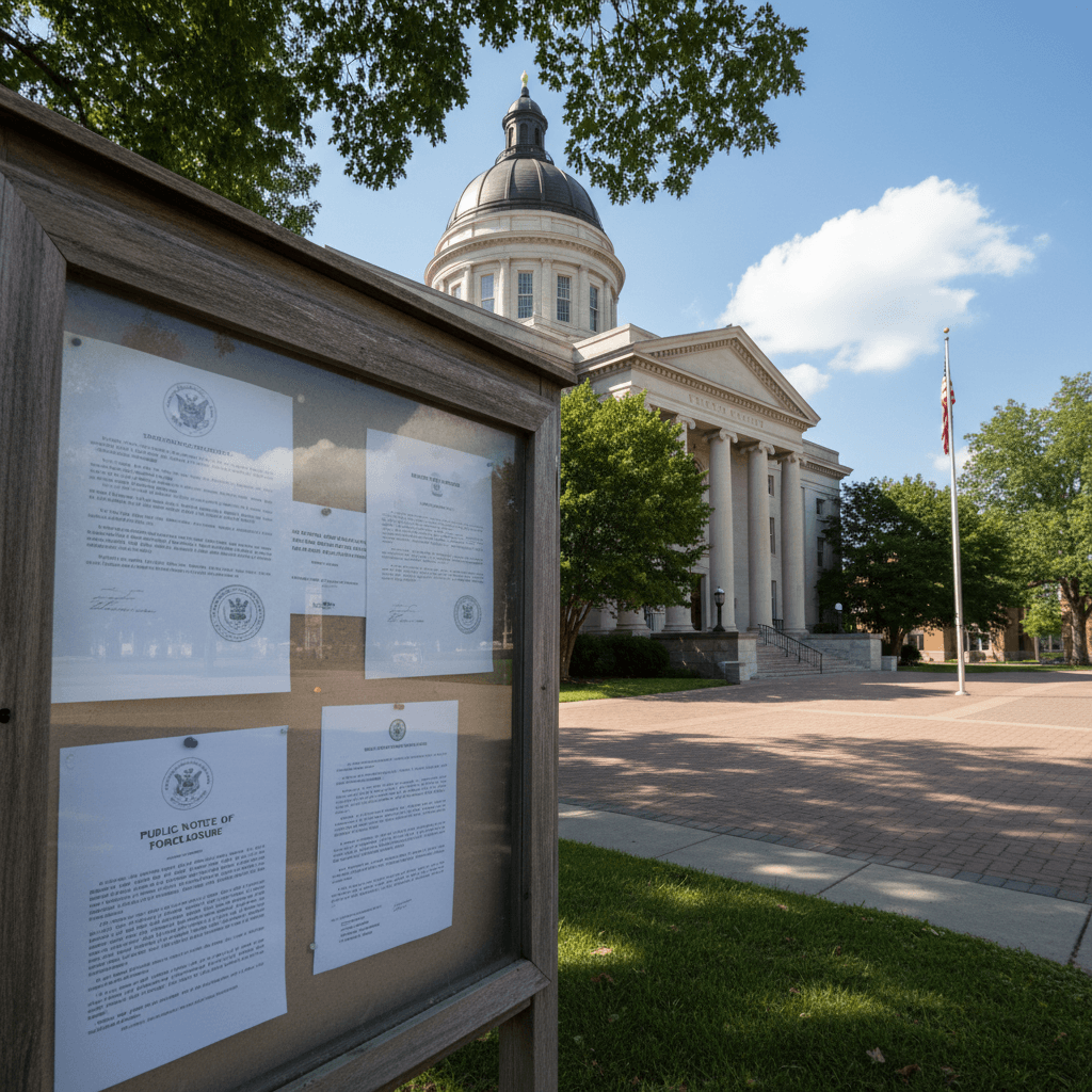 A county courthouse exterior on a clear morning, with a public notice posting board in the foreground showing legal docu