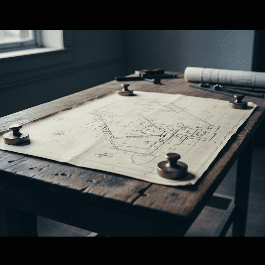 a surveyor plat map unrolled and weighted at the corners on a drafting table