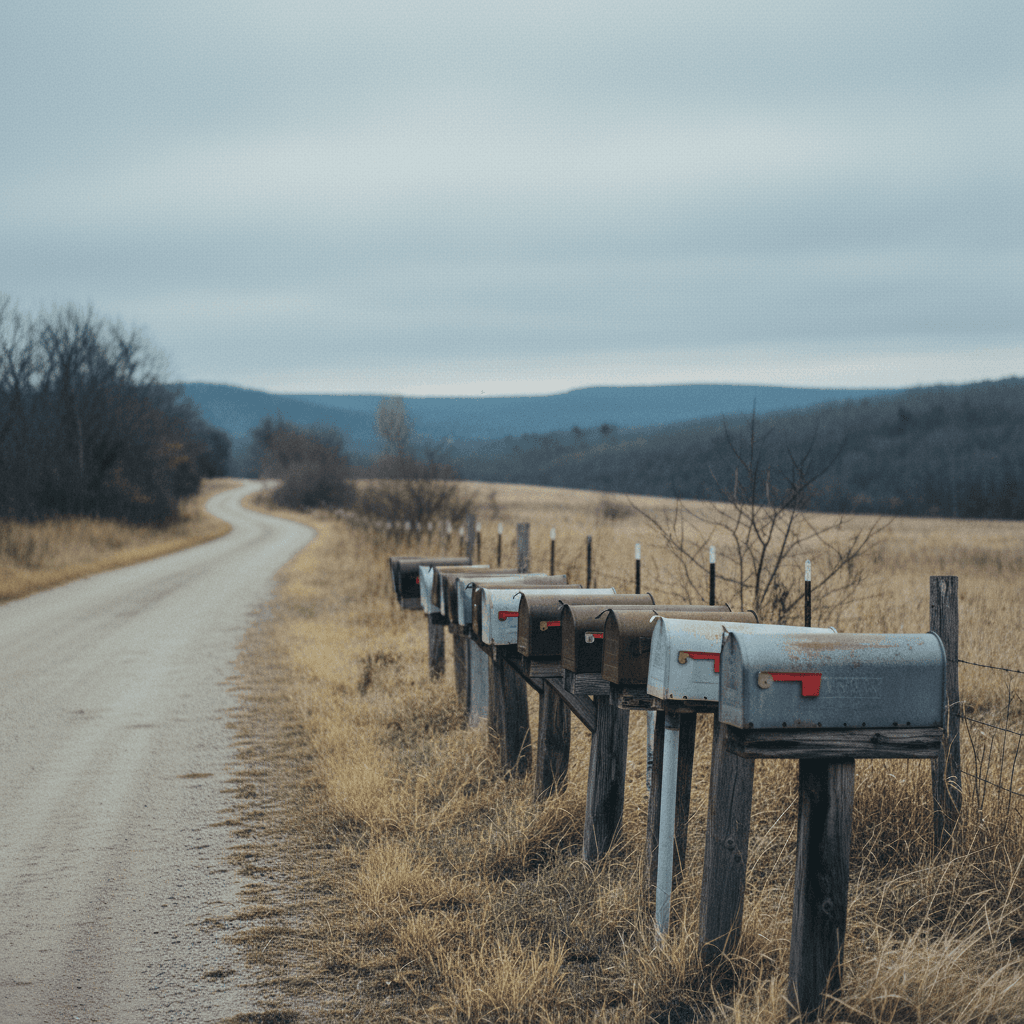 a mailbox row at the end of a rural county road, overcast sky