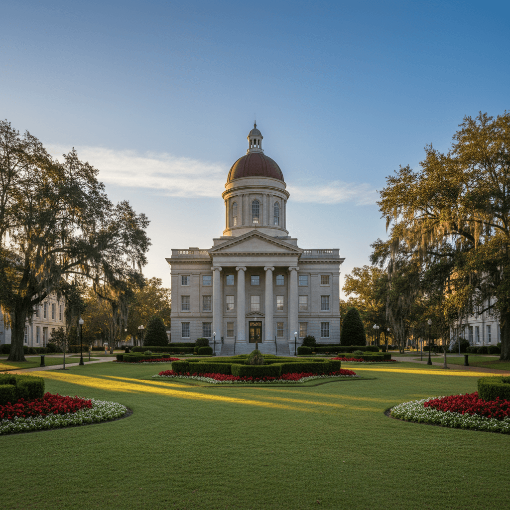 A sunlit Alabama county courthouse with white columns and a manicured lawn, wide-angle documentary photography, golden m