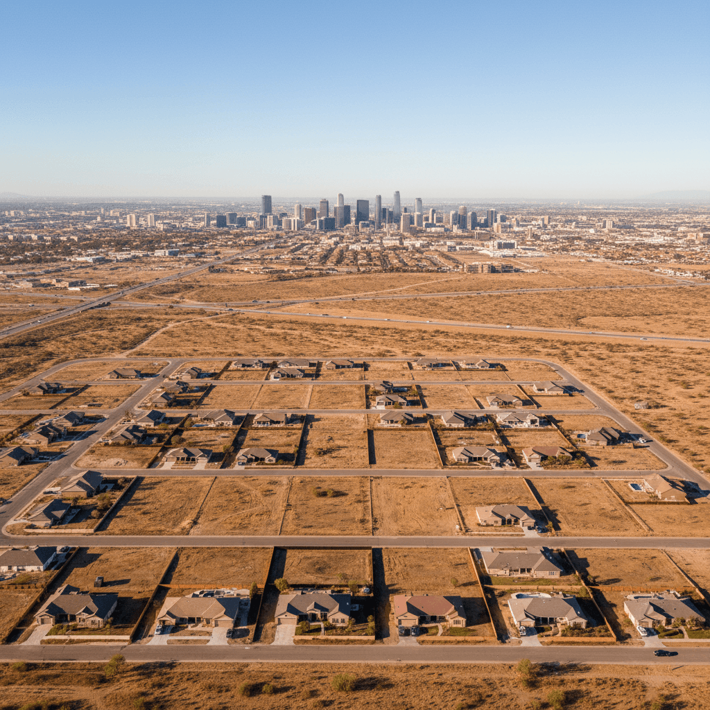 Aerial photograph of a sun-baked Arizona desert landscape with a grid of residential parcels and a distant city skyline