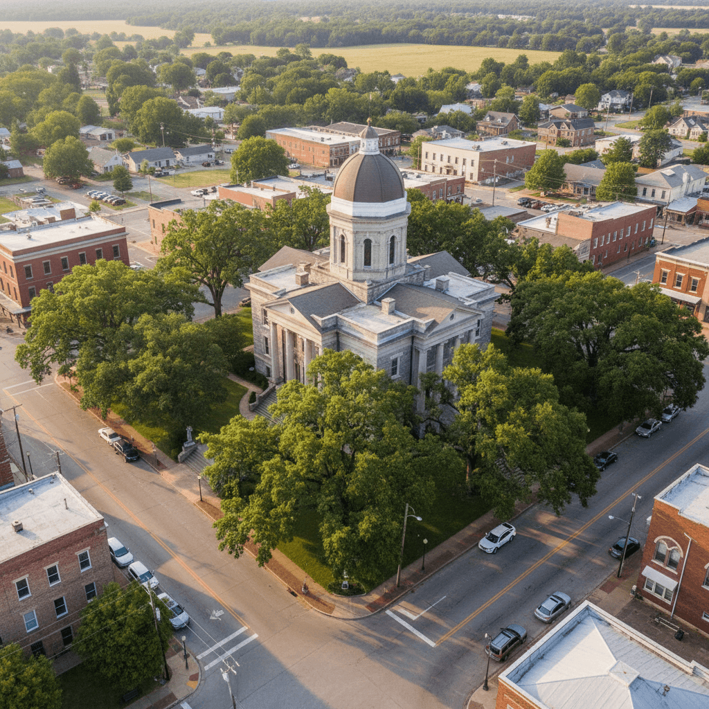 Aerial photograph of a rural Arkansas county courthouse surrounded by mature oak trees, natural light, understated and p
