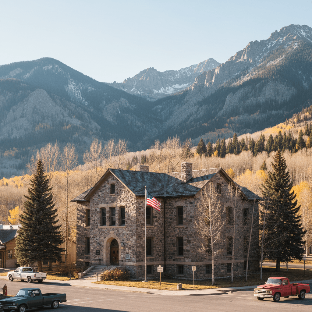A county courthouse in a Colorado mountain town on a clear autumn morning, wide-angle photographic shot, stone facade wi