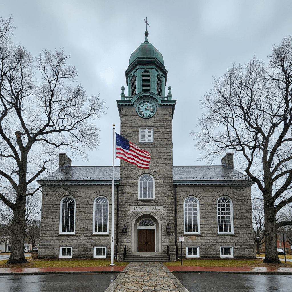 Exterior of a classic New England town hall with a stone facade and American flag, overcast morning light, wide angle, p