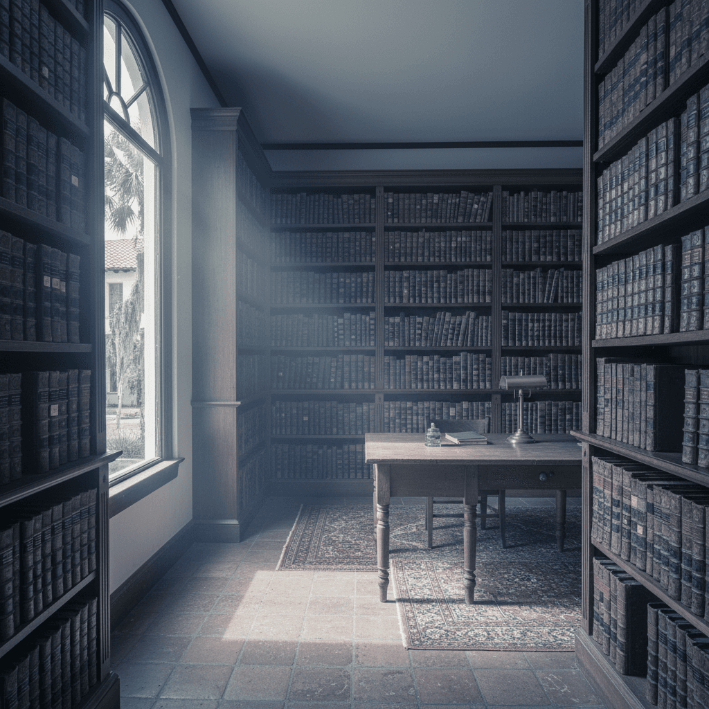 Florida: a county records office interior, rows of oversized deed ledgers on wooden shelves, dust in a shaft of window light