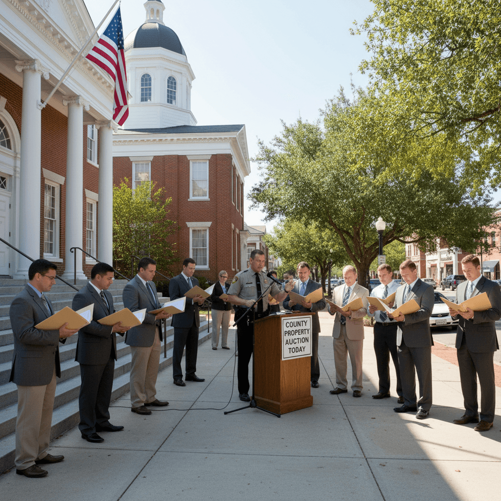 A county courthouse exterior in a small Georgia town on a bright weekday morning, investors standing on the front steps
