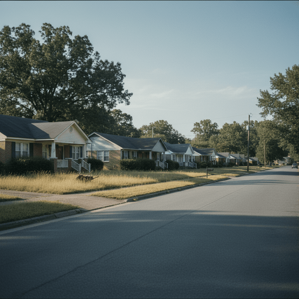 Georgia: a quiet residential street of modest single-family houses, long shadows, one house with an unmaintained lawn
