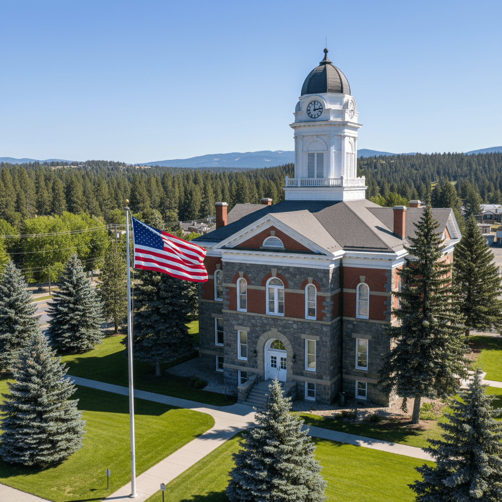 Wide-angle photograph of an Idaho county courthouse on a clear day, traditional stone and brick architecture, American f