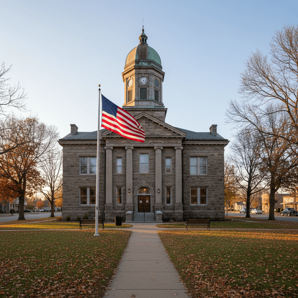 A quiet county courthouse in a small Indiana town on a clear autumn morning, exterior stone facade with American flag, w