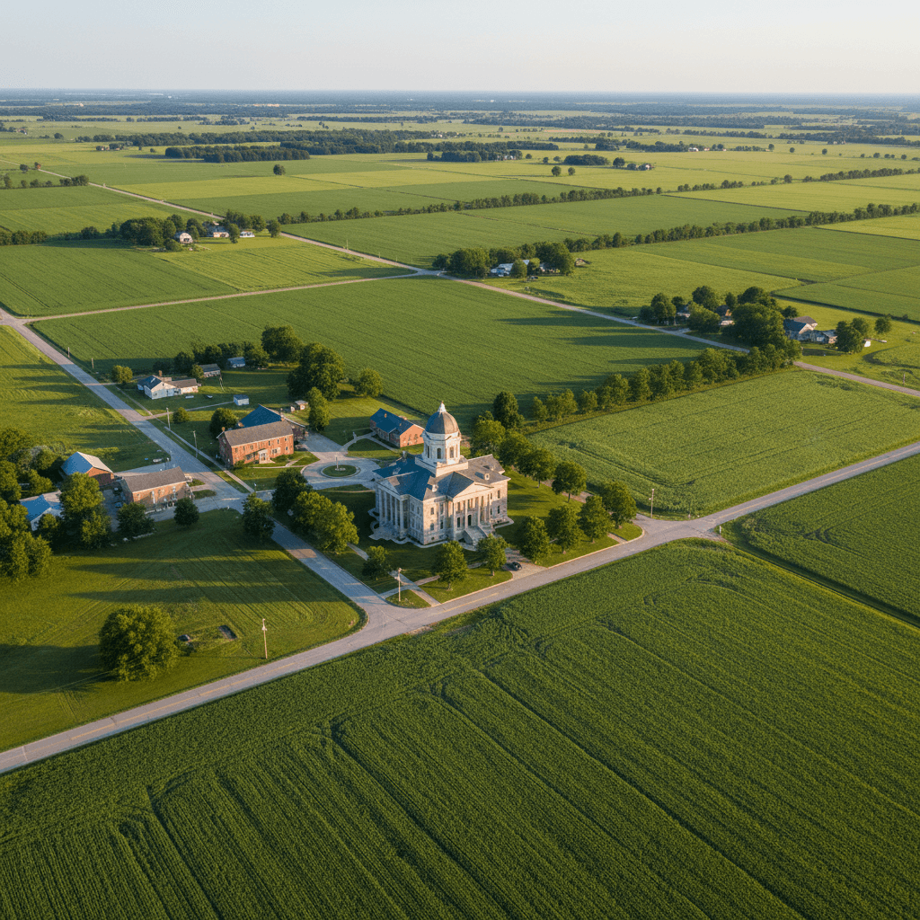 Aerial photograph of a small Iowa county courthouse surrounded by green farmland on a clear summer day, warm natural lig