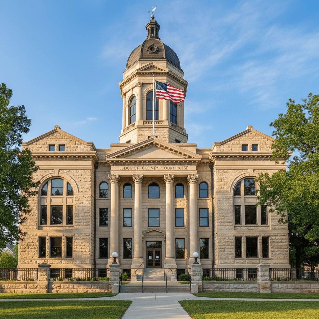 A historic Kansas county courthouse exterior on a clear morning, wide-angle architectural photography, warm natural ligh