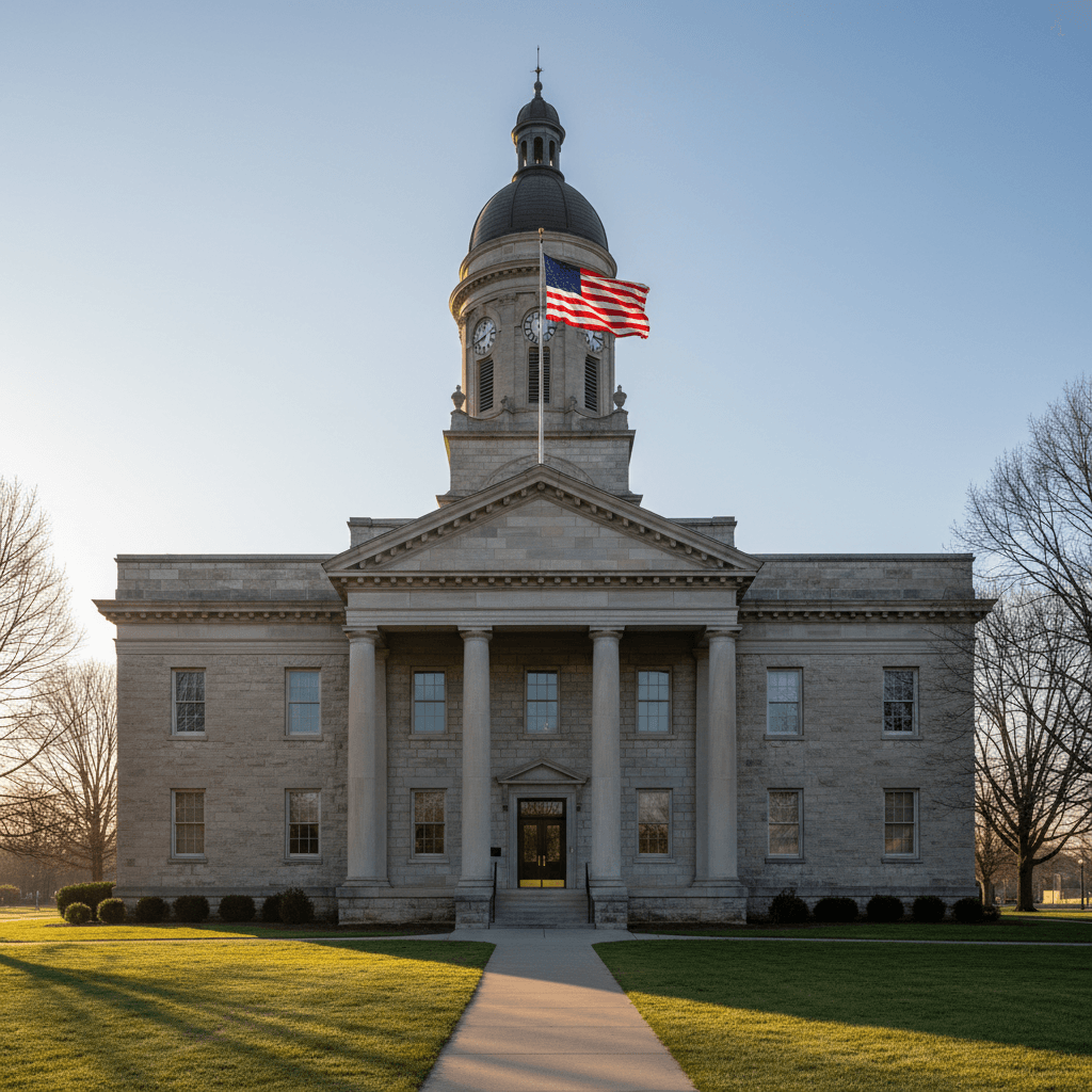 A classical Kentucky county courthouse with stone columns and an American flag, photographed on a clear morning with sof