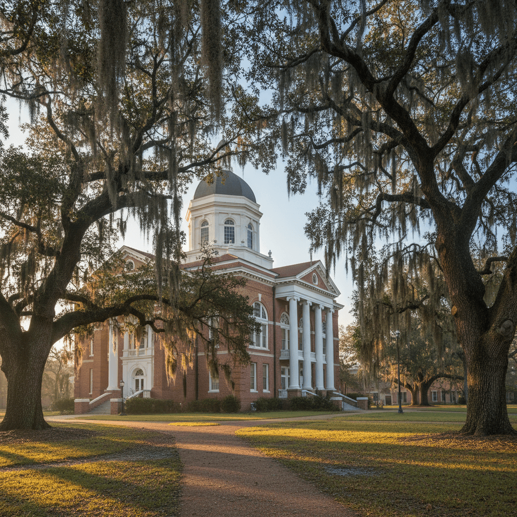 A Louisiana parish courthouse with Spanish moss-draped oak trees in the foreground, morning light, wide-angle photograph