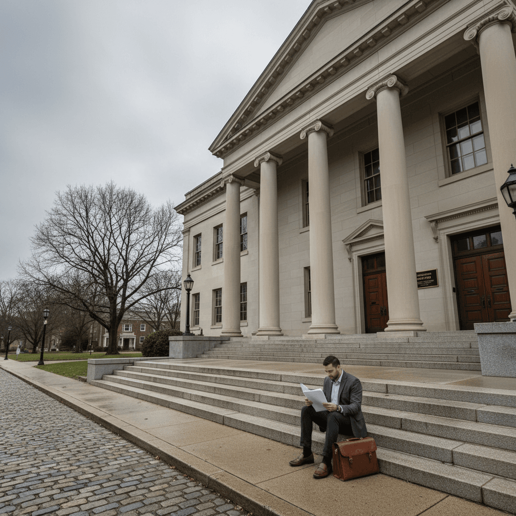 A Maryland circuit courthouse exterior on an overcast morning, with stone steps and classical columns visible, an invest