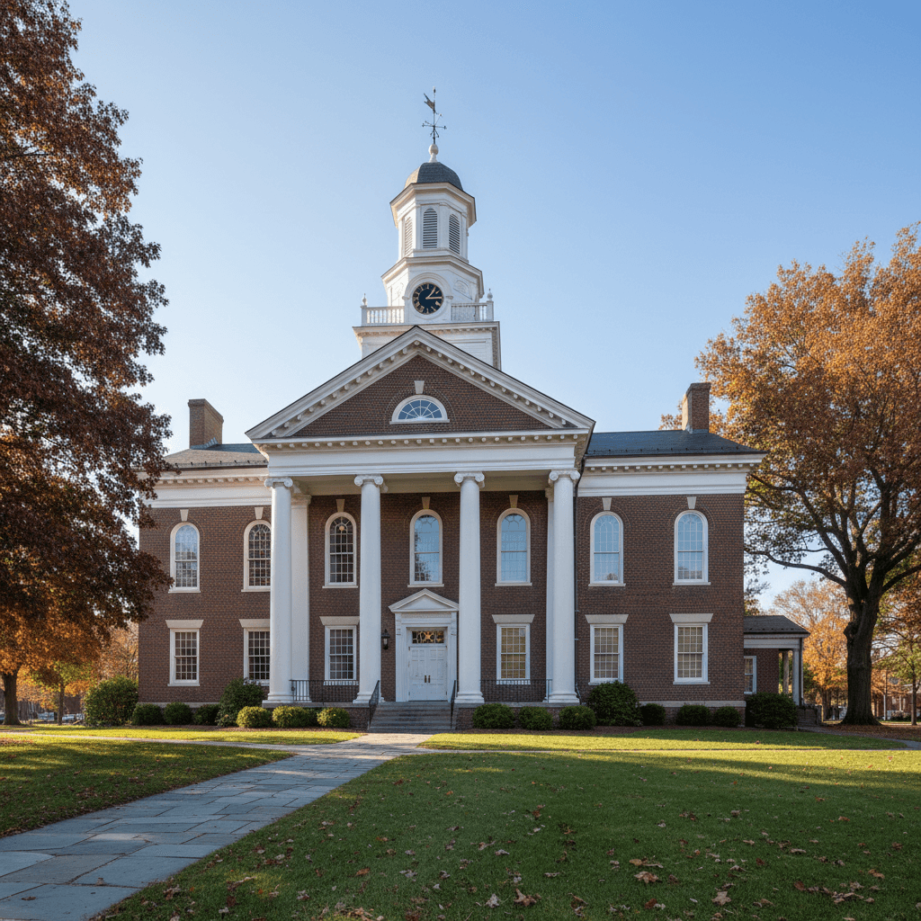 A stately Massachusetts county courthouse with red brick facade and white cupola on a clear autumn morning, wide-angle a