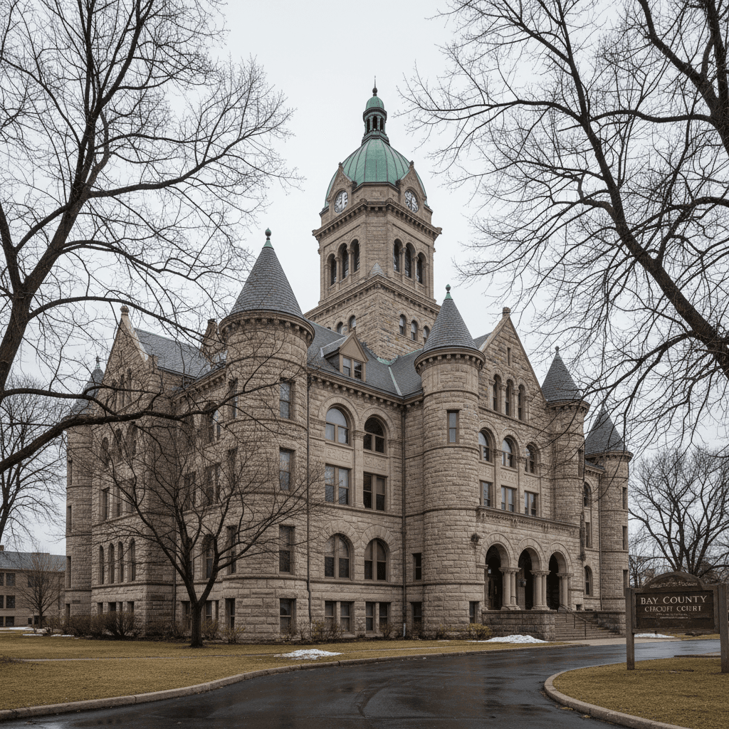 Wide-angle photograph of a Michigan county courthouse facade in early spring, overcast natural light, bare trees in the