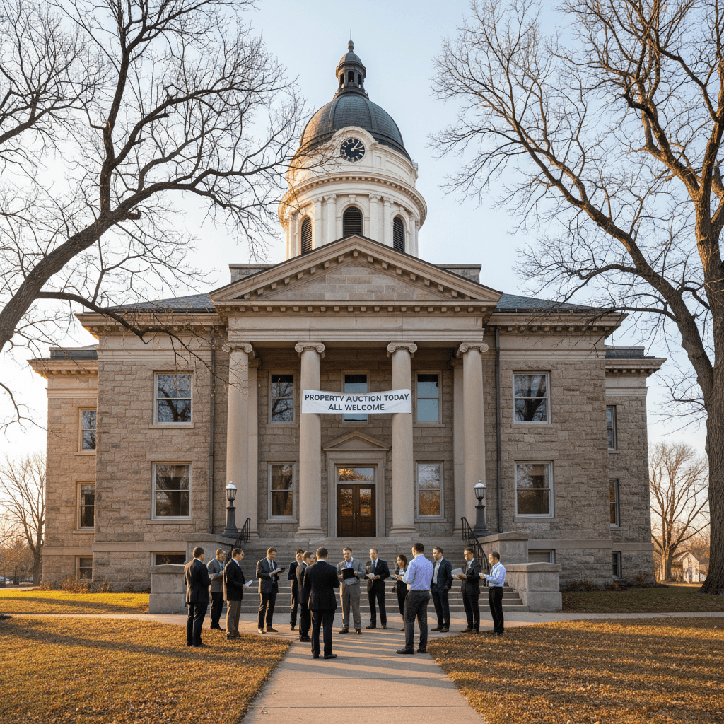 A county courthouse in a small Minnesota city on a clear autumn morning, bare oak trees flanking the stone steps, a smal