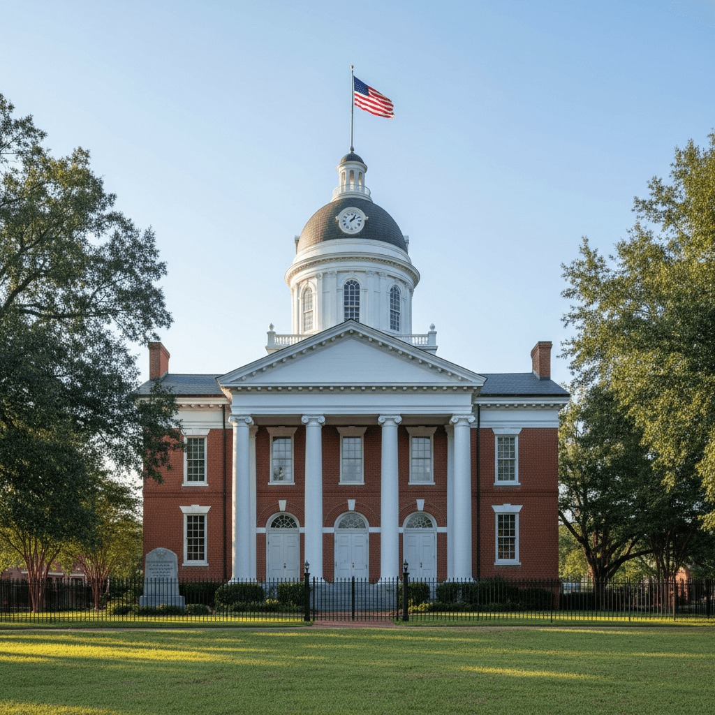 A historic Mississippi county courthouse with red brick facade and white columns photographed on a clear morning, wide-a