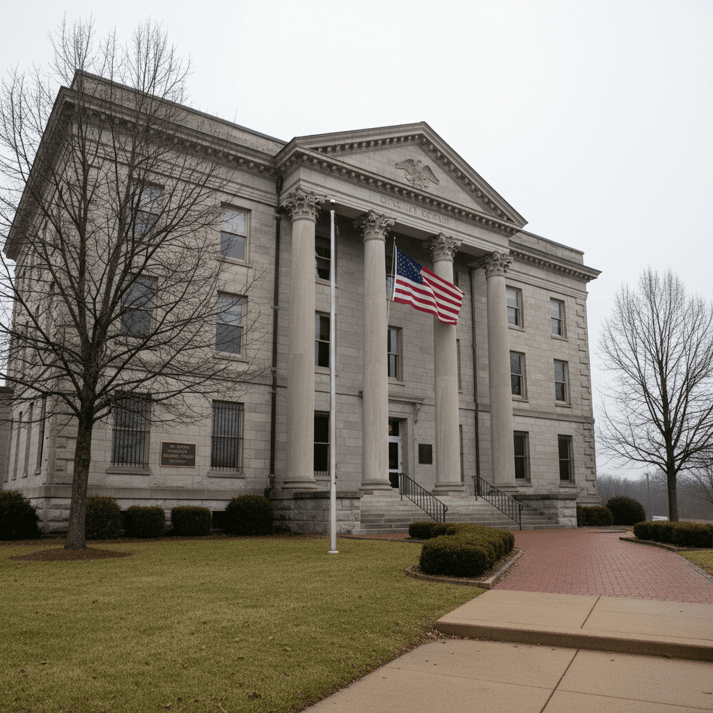 Wide-angle photograph of a Missouri county courthouse exterior on an overcast morning, stone facade with American flag,
