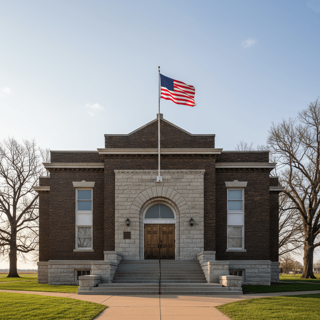 A rural Nebraska county courthouse on a clear morning, wide-angle photograph, brick facade and stone steps, American fla
