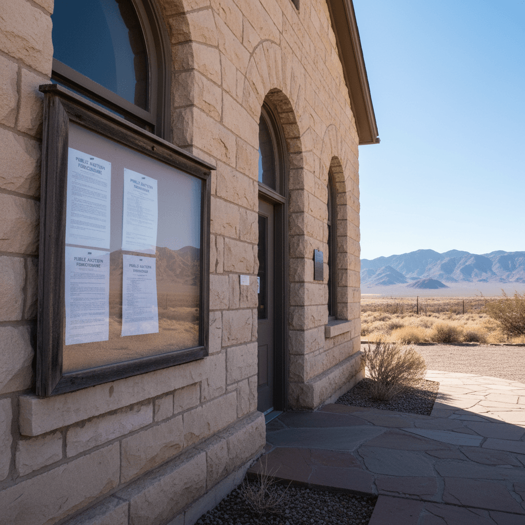 A Nevada county courthouse exterior on a clear sunny morning, desert mountains visible in the background, a public notic