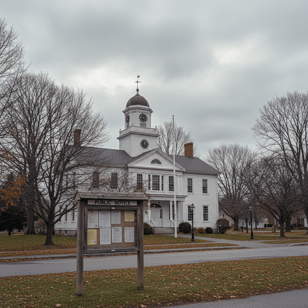 A small-town New Hampshire town hall building in late autumn, bare trees surrounding a classic white clapboard municipal