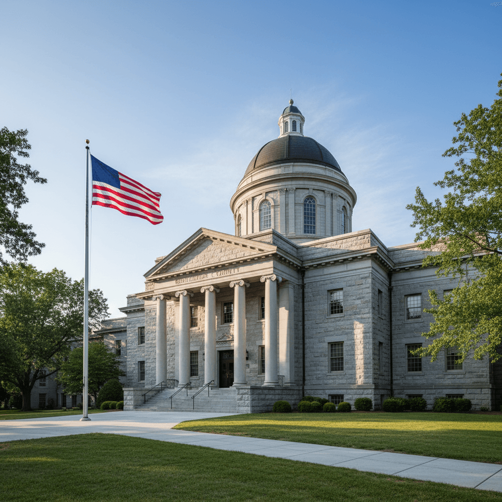 Wide-angle photograph of a New Jersey county courthouse exterior on a clear morning, stone facade with classical columns