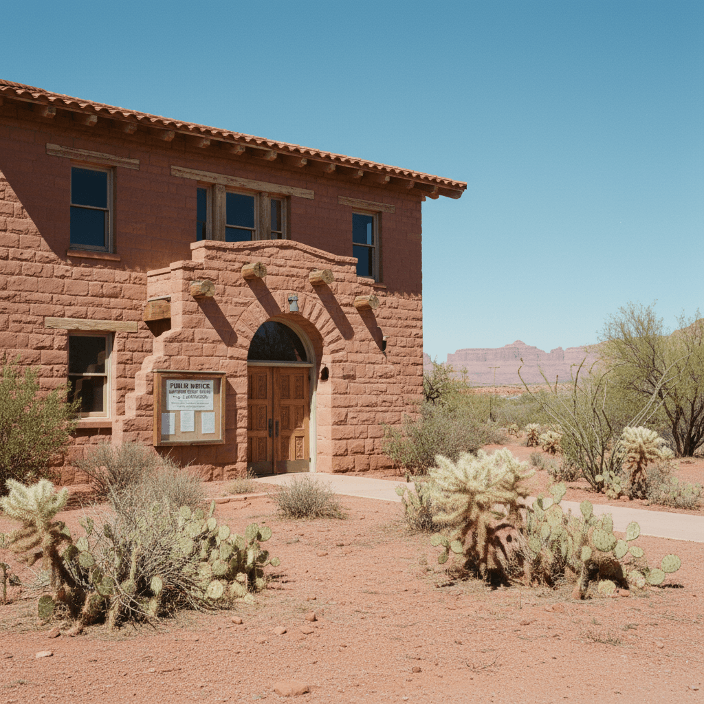 A county courthouse in a southwestern US desert landscape under a clear blue sky, with a posted public notice on a bulle