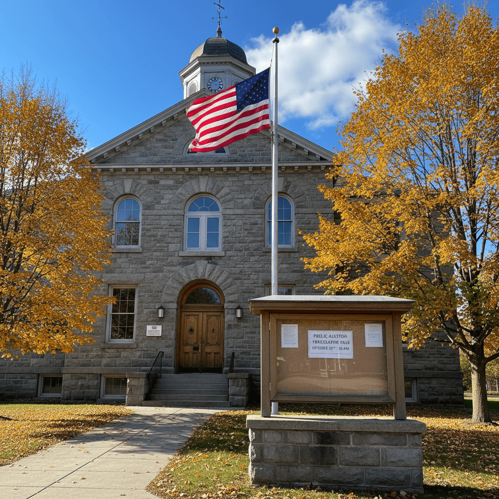A county courthouse in upstate New York on a clear autumn morning, stone facade and American flag, a public auction noti