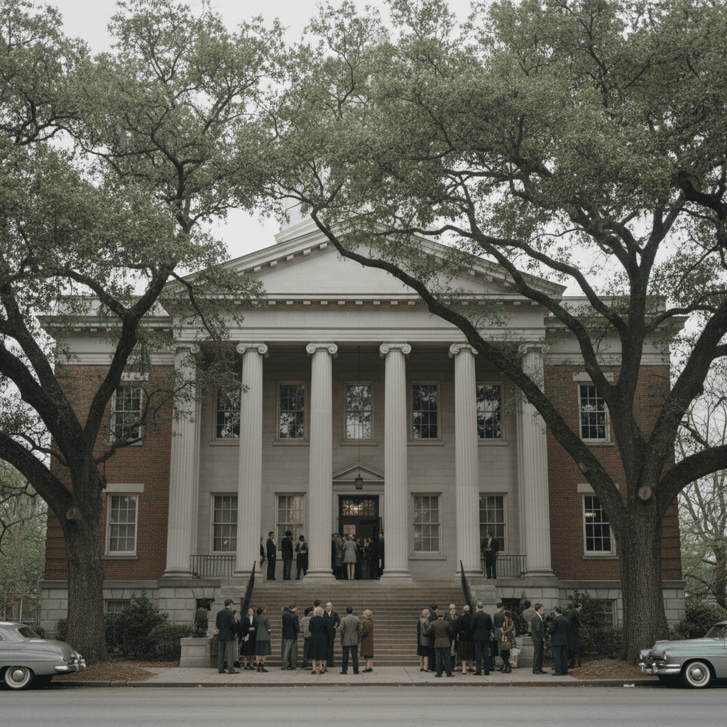 Wide-angle photograph of a North Carolina county courthouse with classical columns and mature oak trees, overcast natura