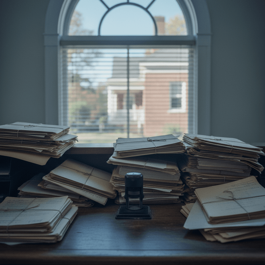 North Carolina: a county clerk counter with stacked property files and a date stamp, morning light through blinds
