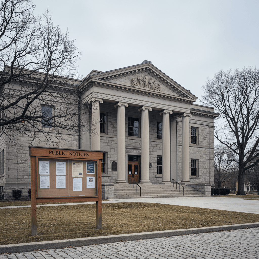 A wide-angle photograph of a historic Ohio county courthouse exterior on an overcast morning, stone facade with classica